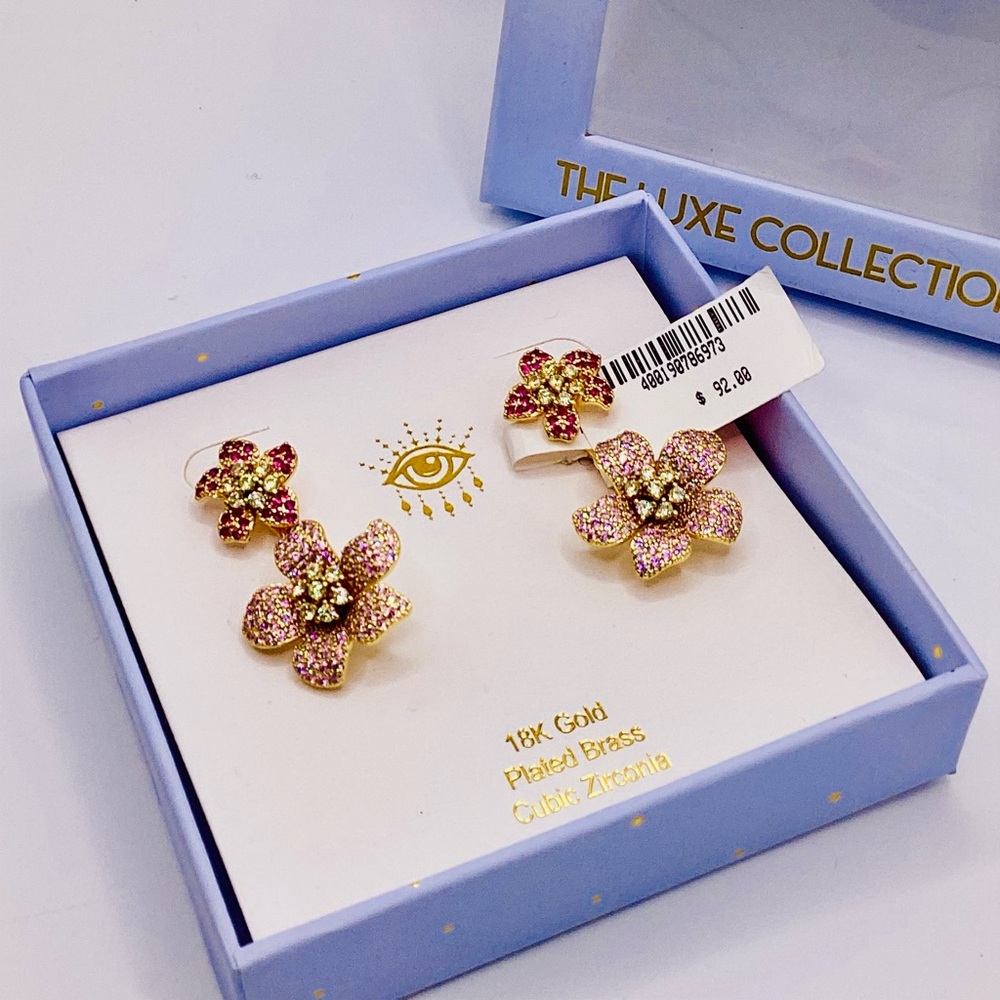 Eye Candy Gold and Pink Floral Earrings 18k Gold Plated with CZ crystals